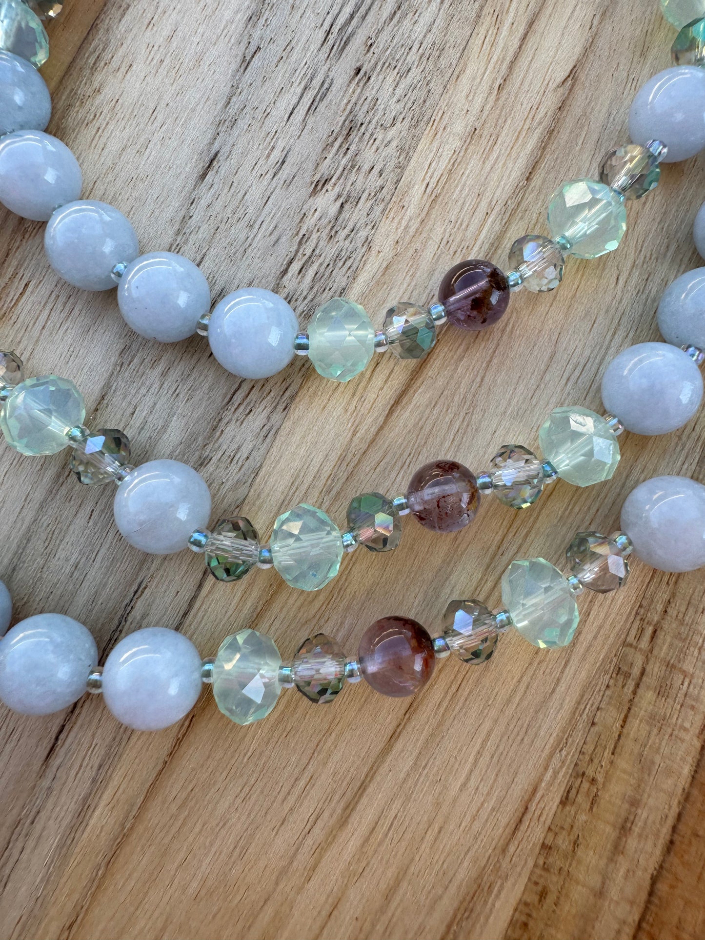 Extra Long Wraparound Beaded Necklace with Aquamarine Super 7 and Crystal Glass Beads