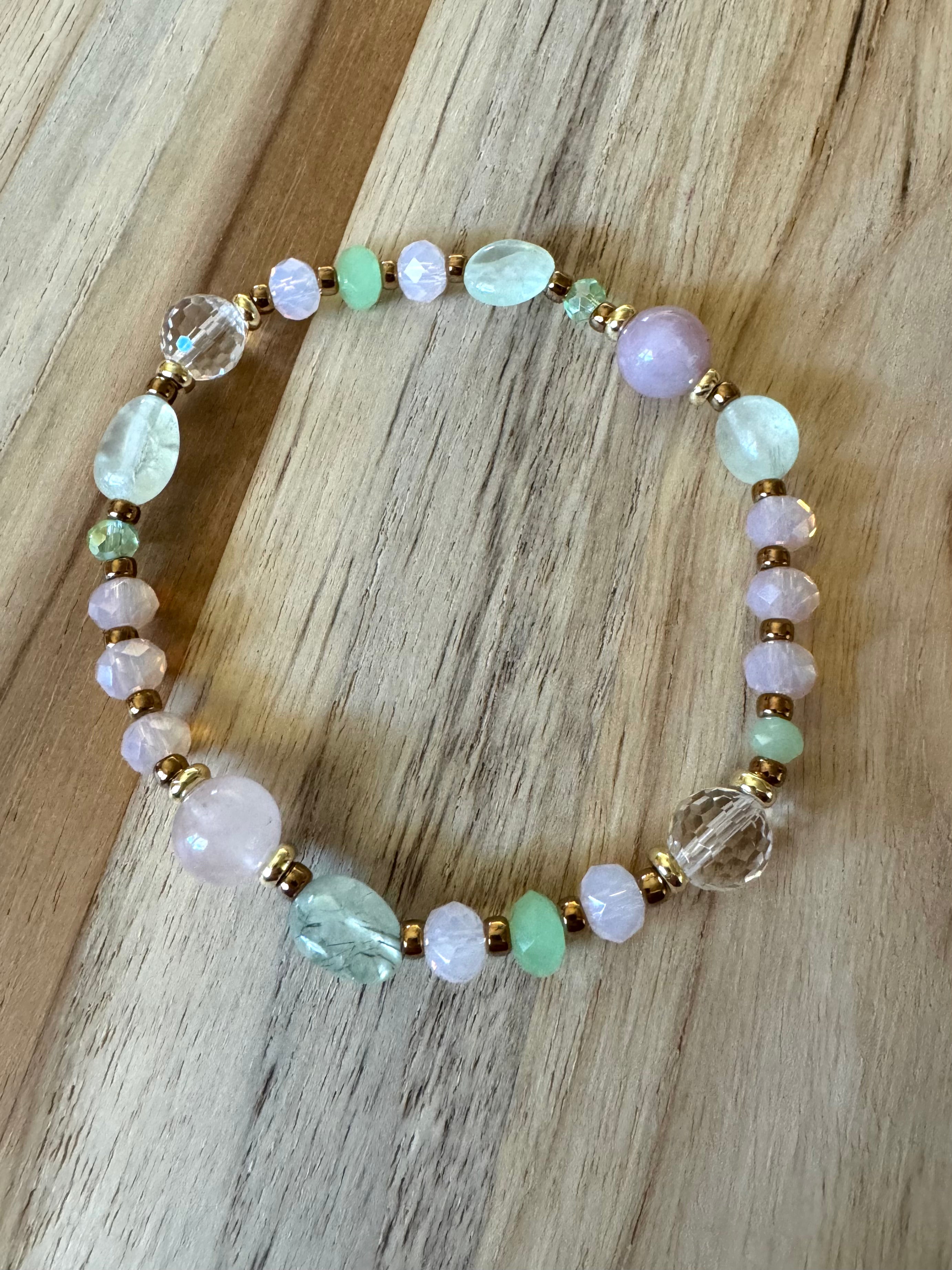 Madagascar Rose Quartz Clear Crystal Quartz Prehnite and Crystal Beaded Stretch Bracelet