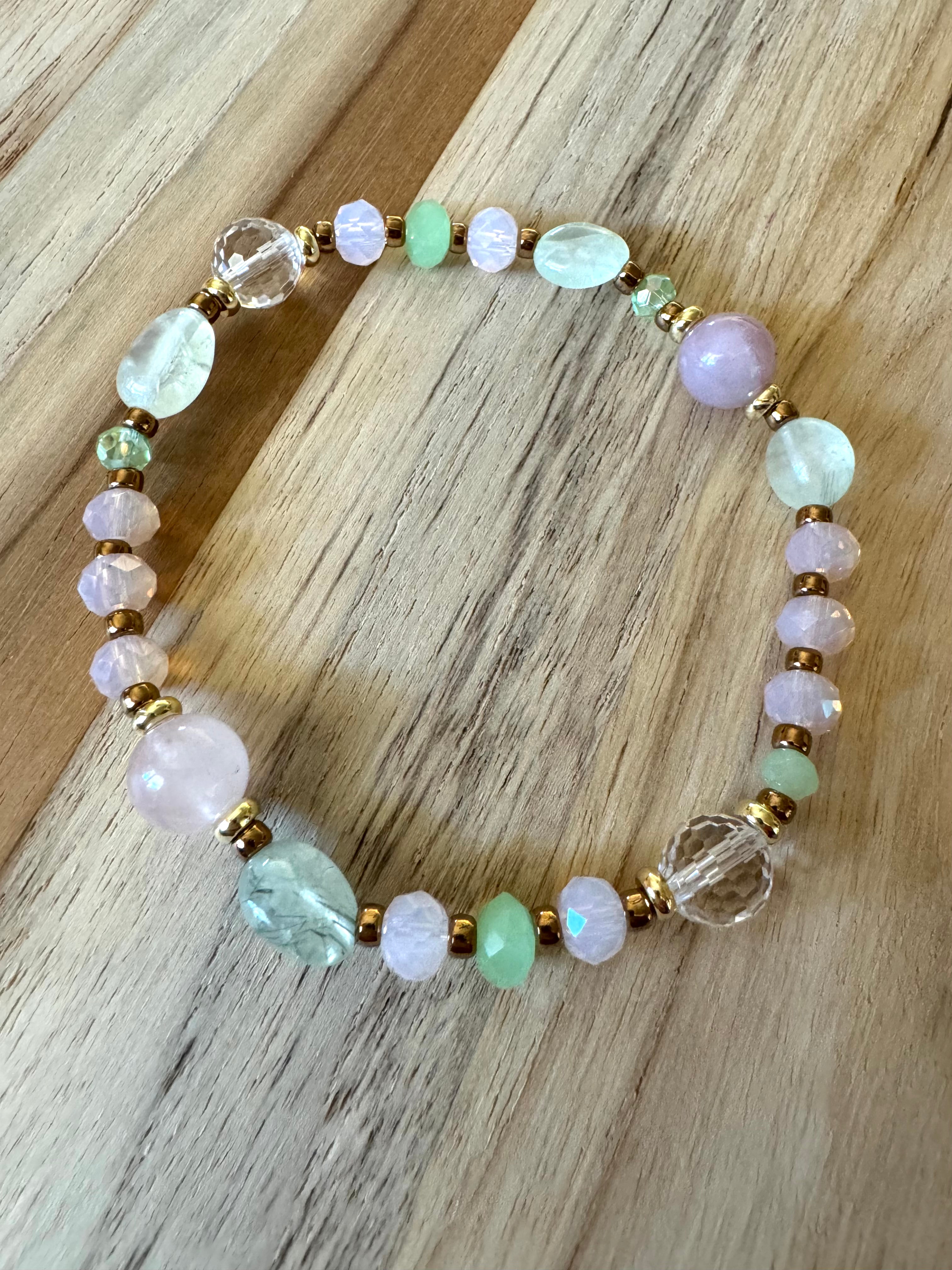 Madagascar Rose Quartz Clear Crystal Quartz Prehnite and Crystal Beaded Stretch Bracelet