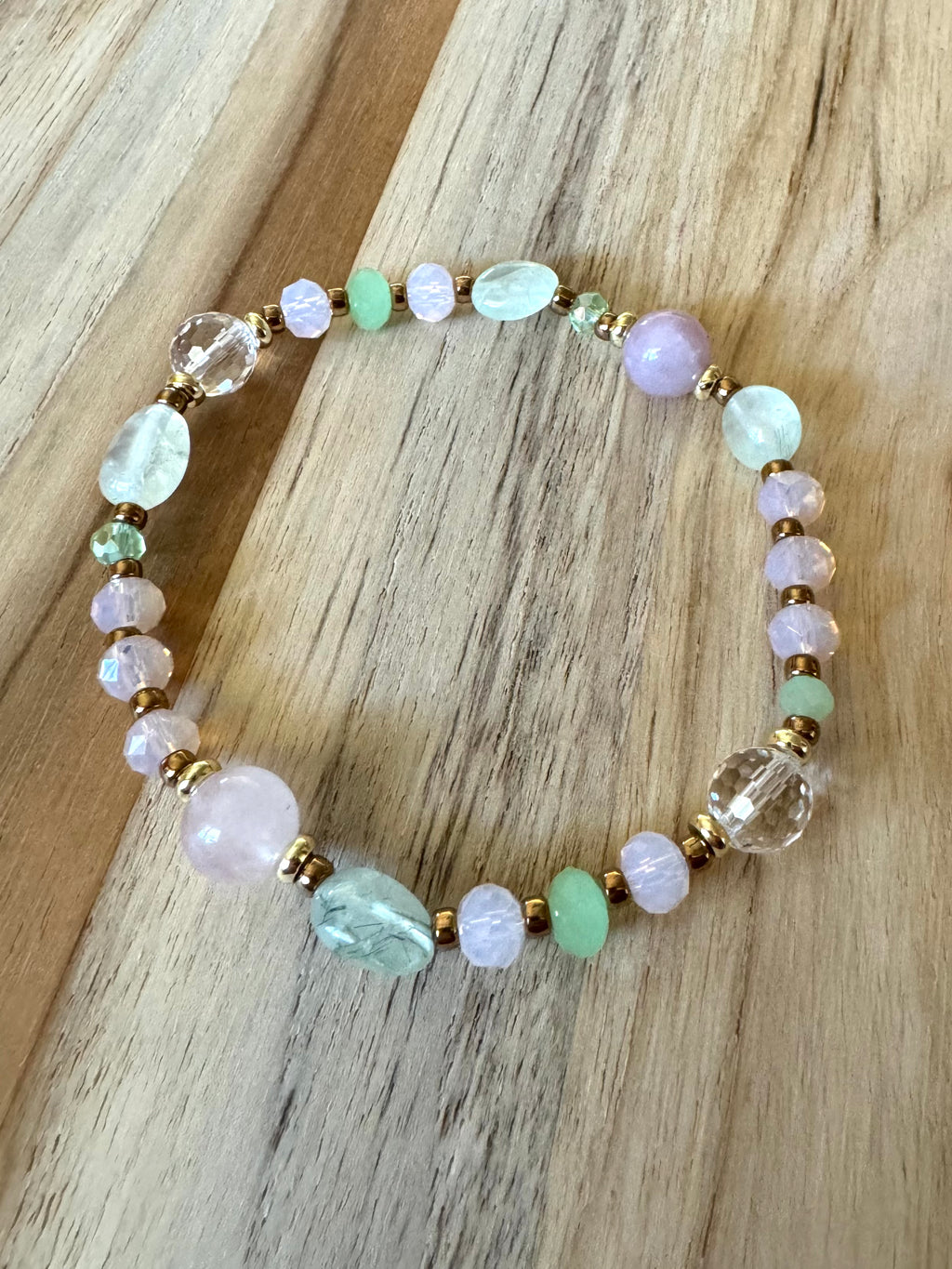 Madagascar Rose Quartz Clear Crystal Quartz Prehnite and Crystal Beaded Stretch Bracelet