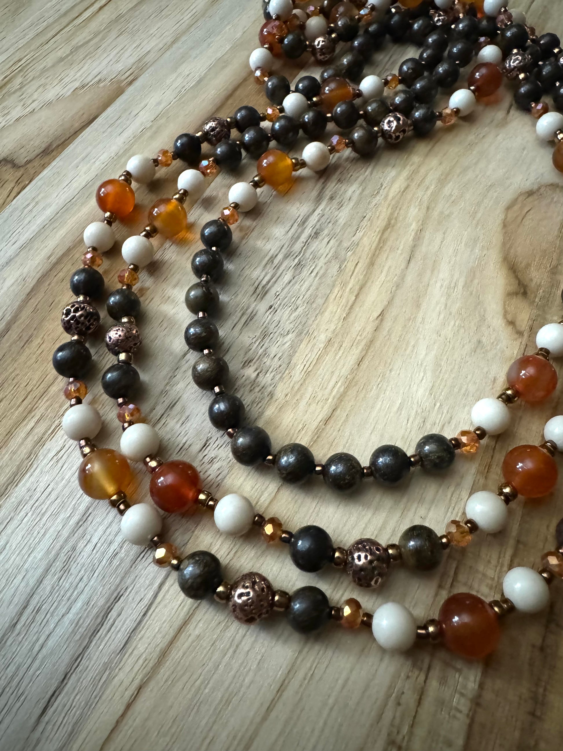 Extra Long Bronzite Beaded Necklace with Orange Agate Riverstone Lava Stone and Crystal Beads - My Urban Gems