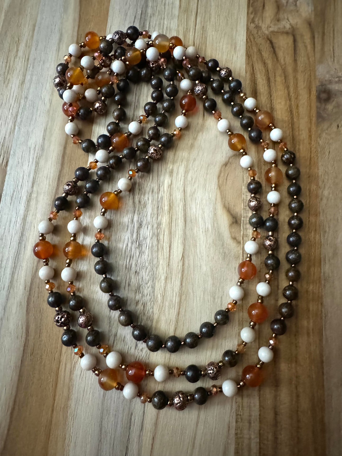 Extra Long Bronzite Beaded Necklace with Orange Agate Riverstone Lava Stone and Crystal Beads - My Urban Gems