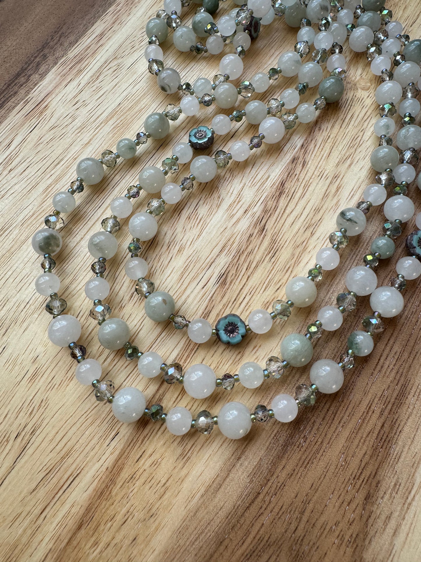 60” Extra Long Wraparound Style Beaded Necklace with Ice Green Jade Crystal and Turquoise Czech Flower Beads - My Urban Gems