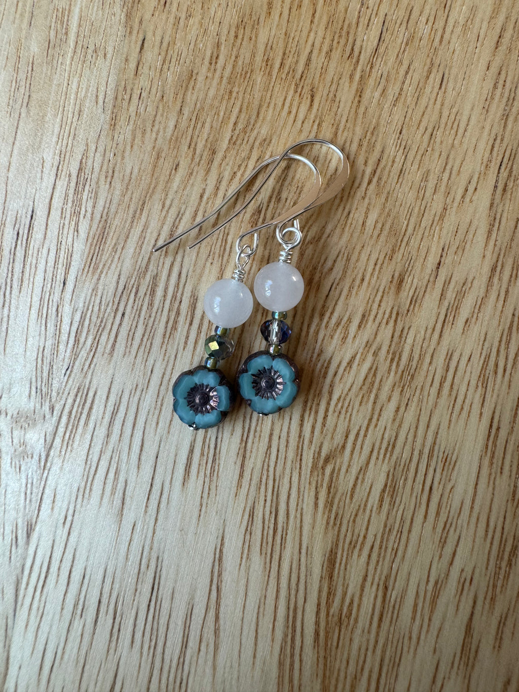 Ice Jade Turquoise Hibiscus Flower and Crystal Silver Plated Dangle Earrings - My Urban Gems