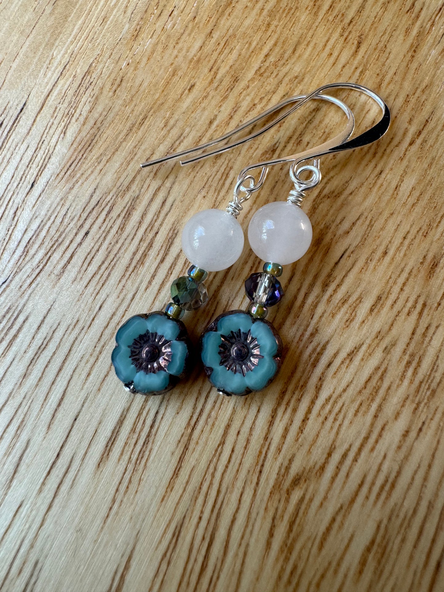 Ice Jade Turquoise Hibiscus Flower and Crystal Silver Plated Dangle Earrings - My Urban Gems