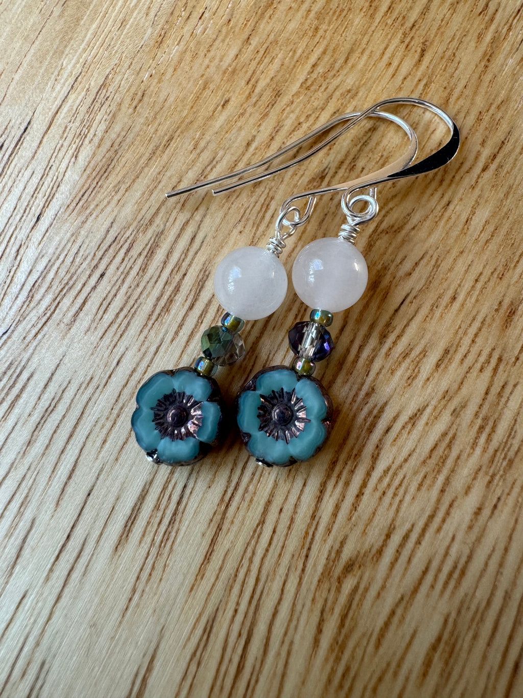 Ice Jade Turquoise Hibiscus Flower and Crystal Silver Plated Dangle Earrings - My Urban Gems