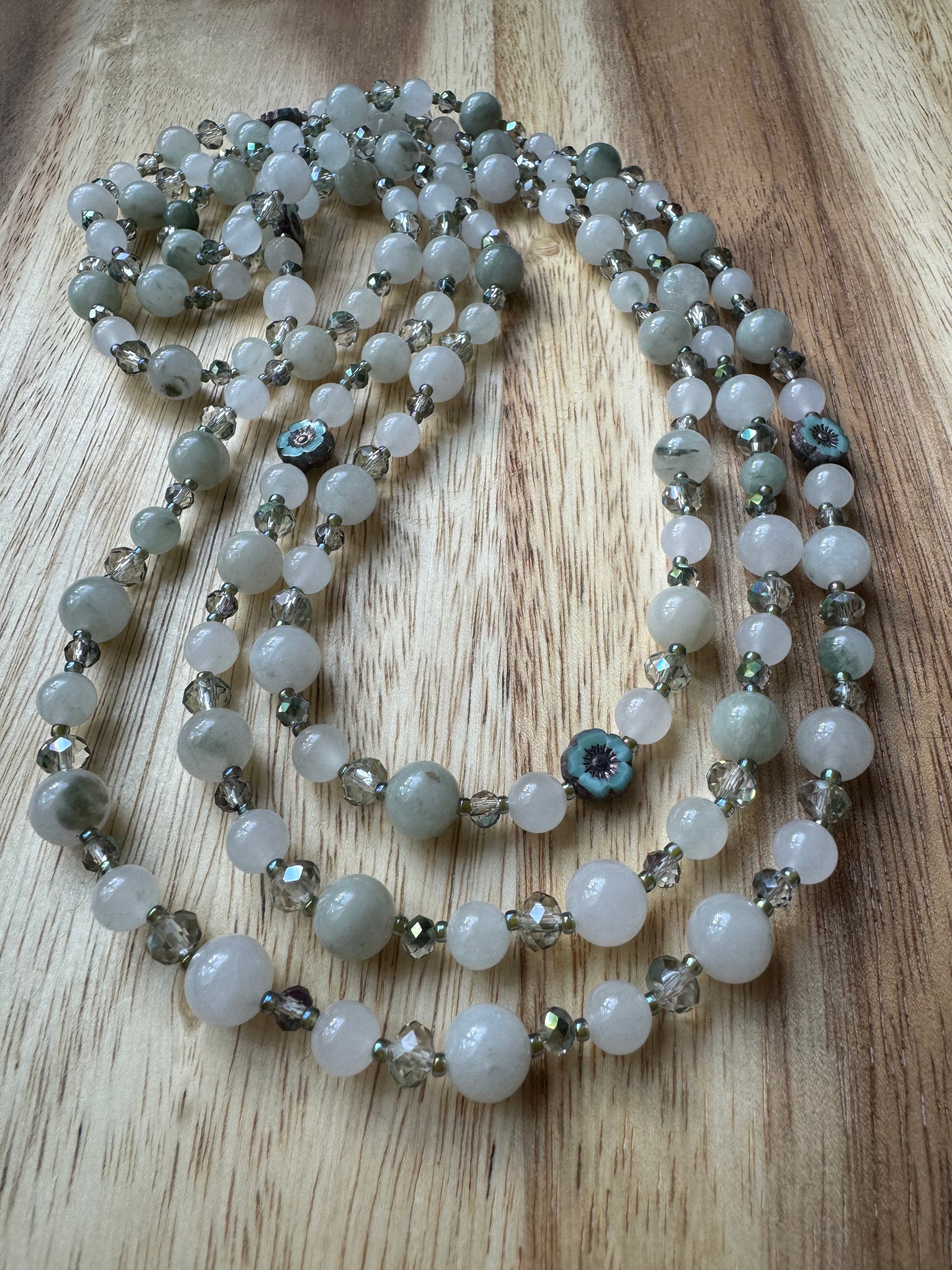 60” Extra Long Wraparound Style Beaded Necklace with Ice Green Jade Crystal and Turquoise Czech Flower Beads - My Urban Gems