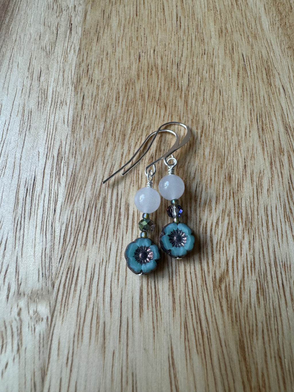 Ice Jade Turquoise Hibiscus Flower and Crystal Silver Plated Dangle Earrings - My Urban Gems
