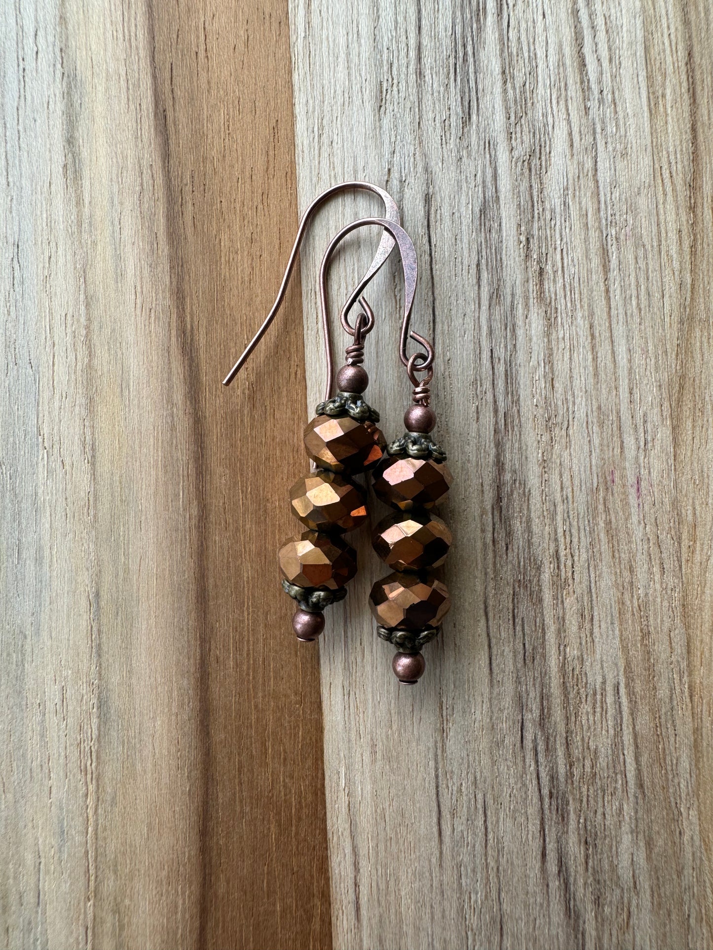 Stacked Metallic Copper Crystal Glass Dangle Earrings with Antique Bronze and Copper Accent Beads - My Urban Gems