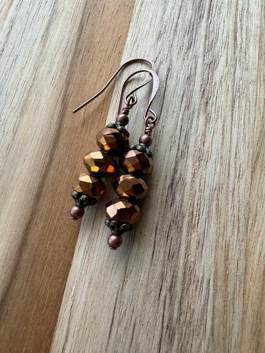 Stacked Metallic Copper Crystal Glass Dangle Earrings with Antique Bronze and Copper Accent Beads - My Urban Gems