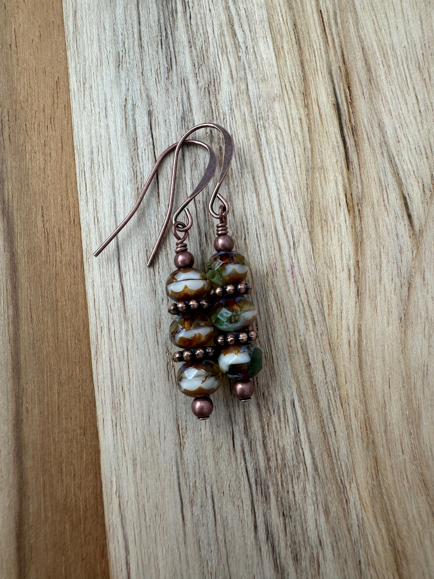 Stacked Czech Glass Vintage Boho Dangle Earrings with Antique Bronze and Copper Accent Beads