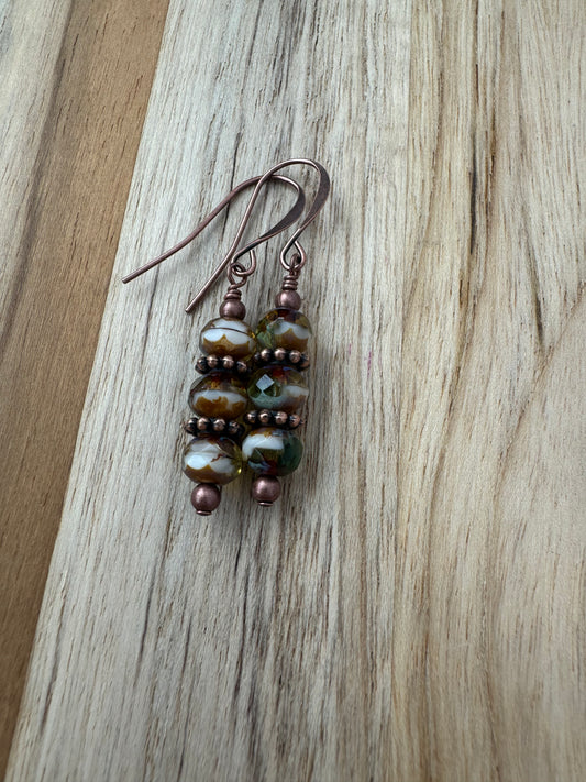 Stacked Czech Glass Vintage Boho Dangle Earrings with Antique Bronze and Copper Accent Beads