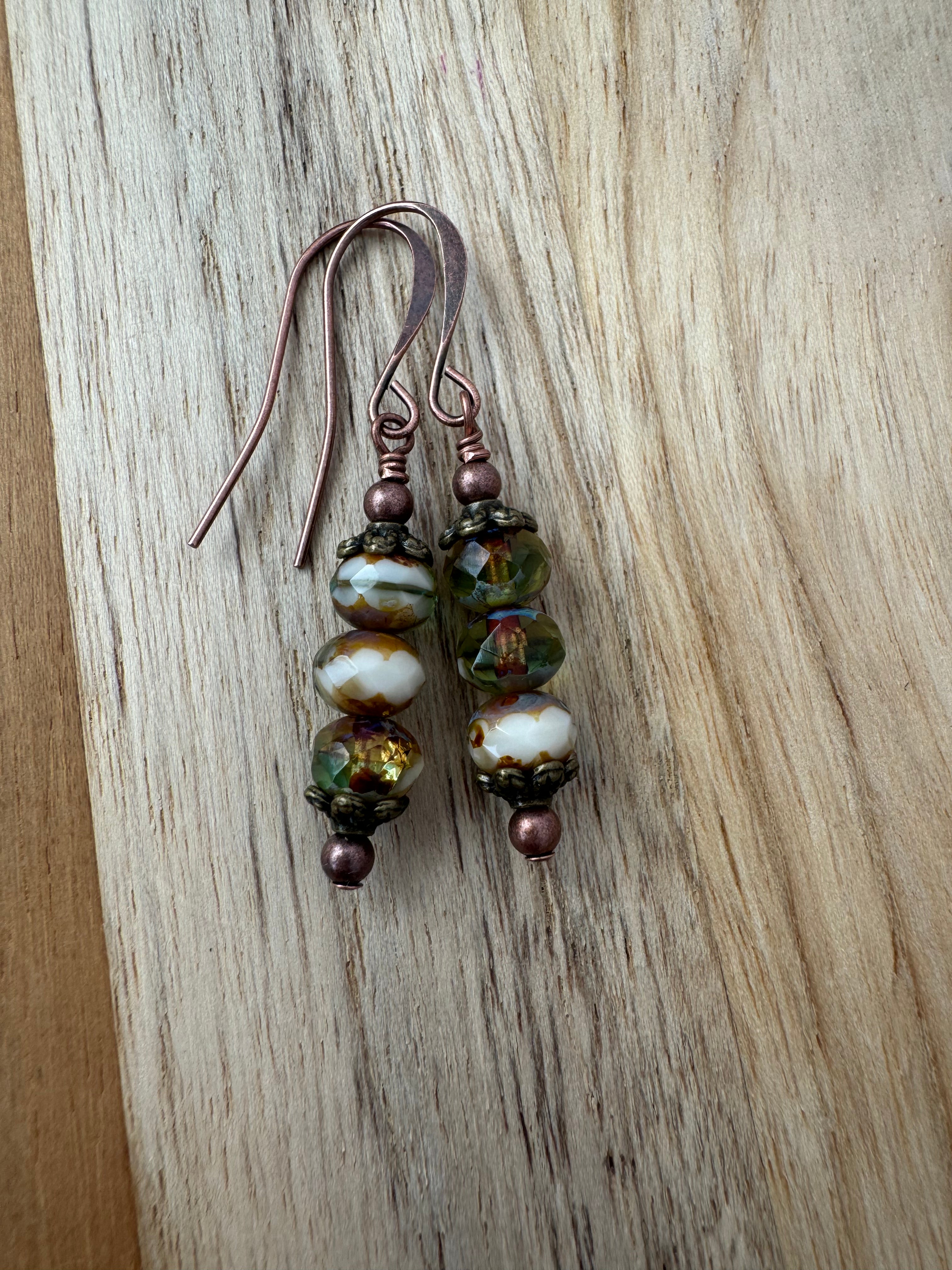 Stacked Czech Glass Vintage Boho Dangle Earrings with Antique Bronze and Copper Accent Beads - My Urban Gems