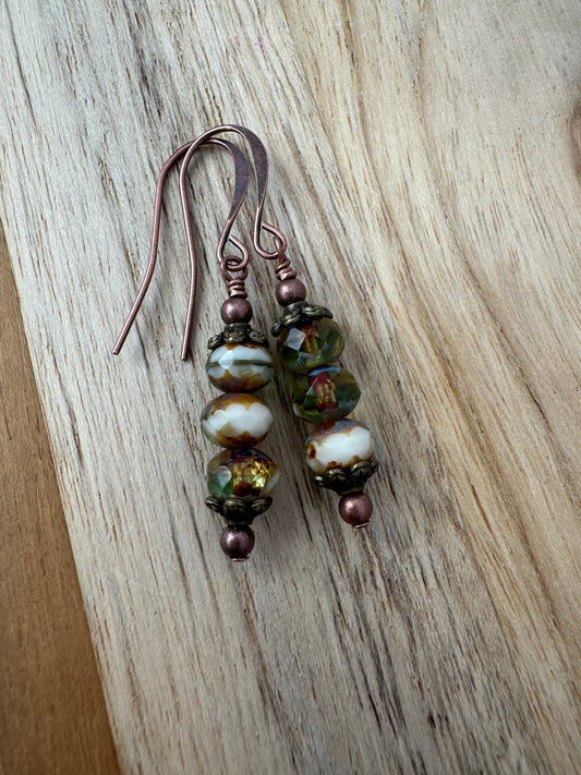 Stacked Czech Glass Vintage Boho Dangle Earrings with Antique Bronze and Copper Accent Beads - My Urban Gems