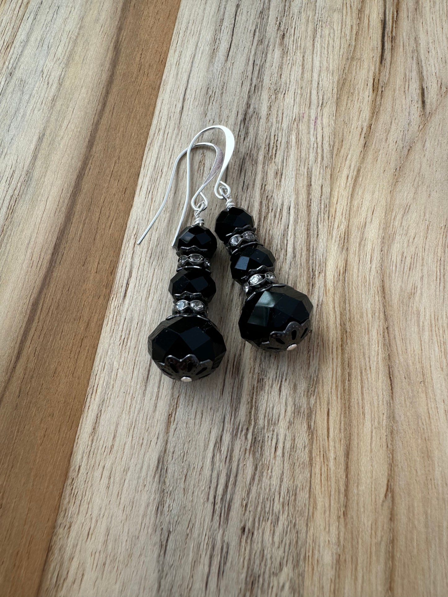 Black Cryastal Glass Dangle Earrings with Crystal Rondelle and Filigree Bead Caps - My Urban Gems