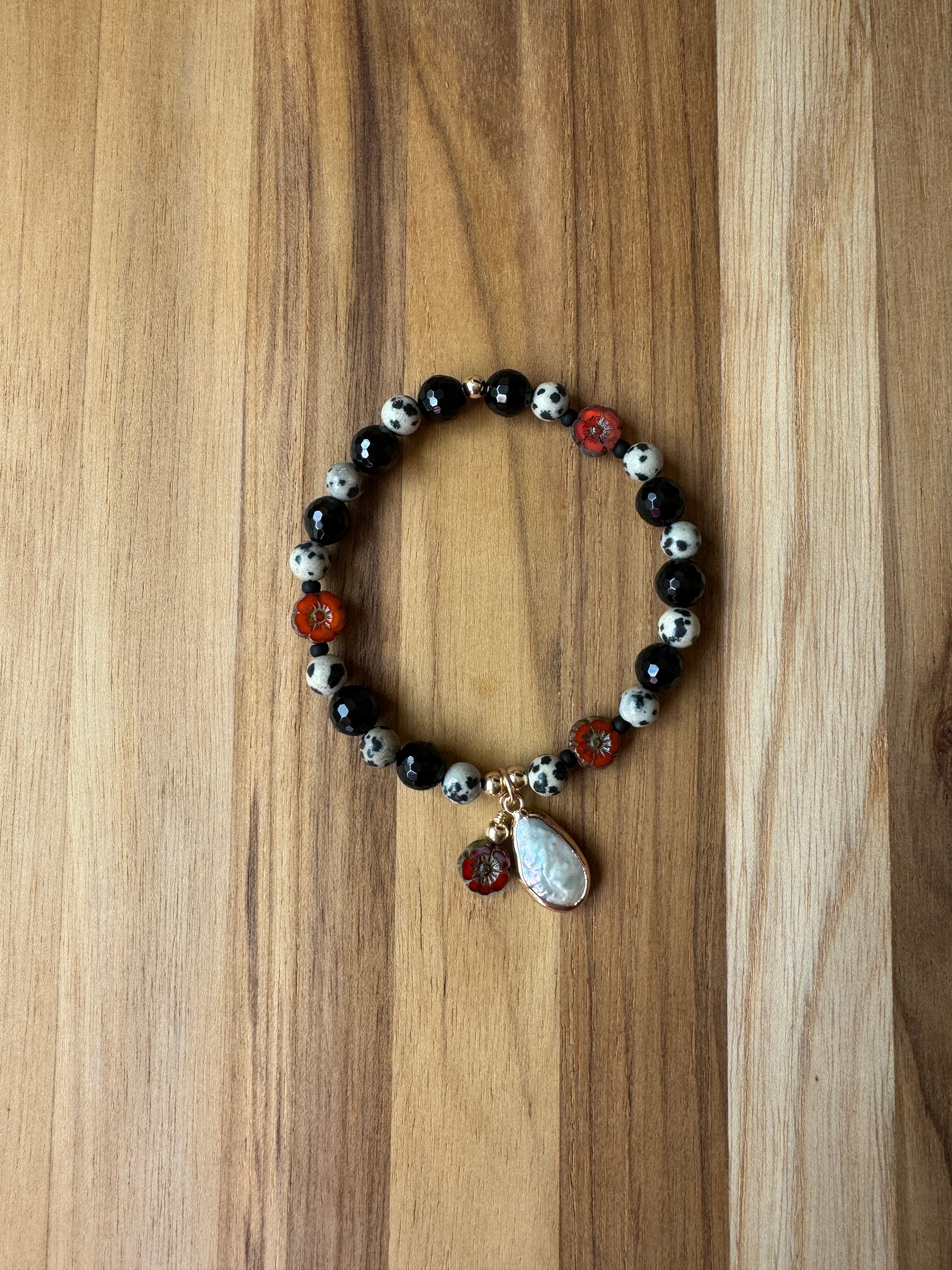Dalmatian Jasper and Black Onyx Stretch Beaded Bracelet with Baroque Pearl and Red Flower Dangles - My Urban Gems