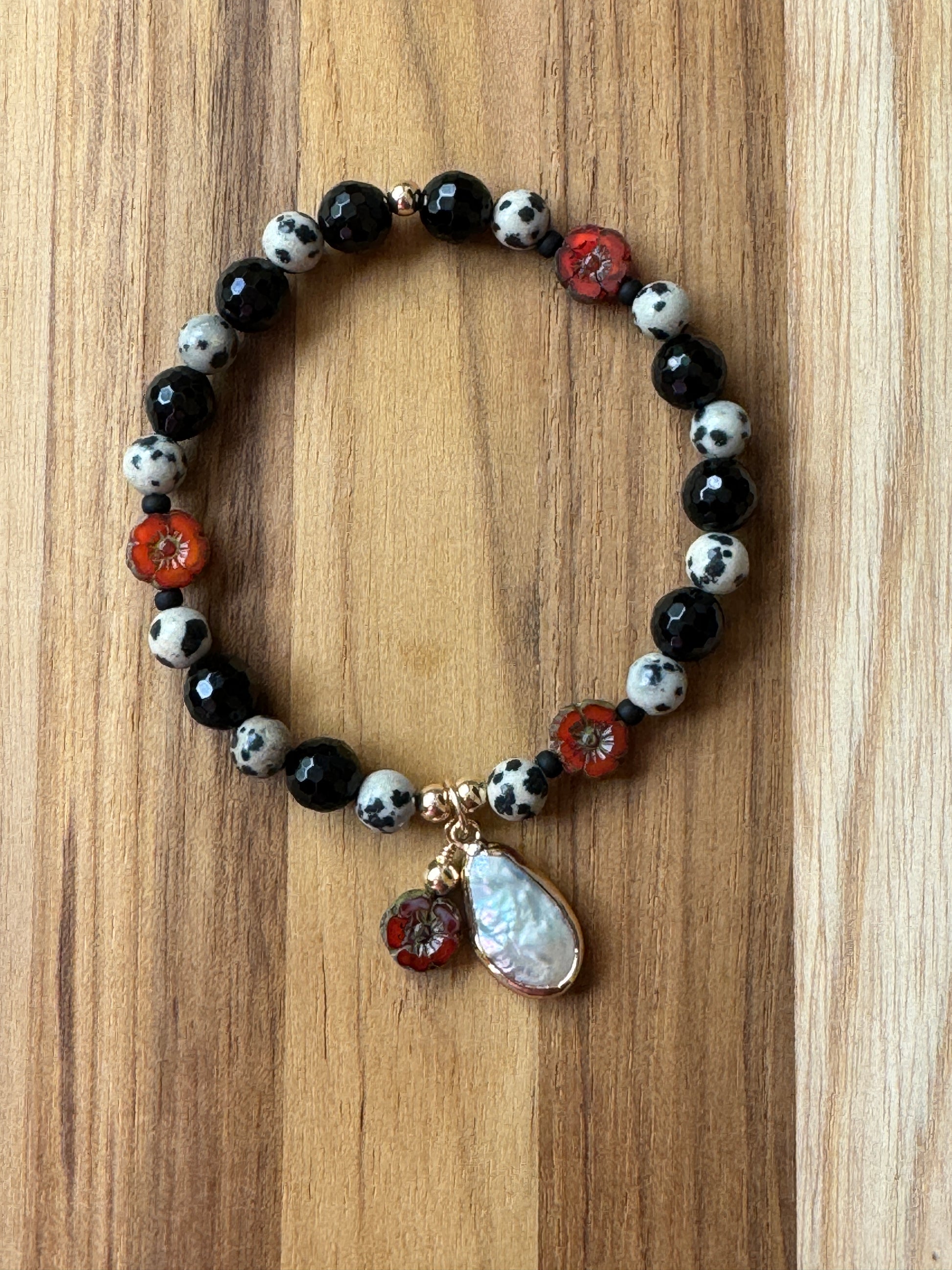 Dalmatian Jasper and Black Onyx Stretch Beaded Bracelet with Baroque Pearl and Red Flower Dangles -My Urban Gems