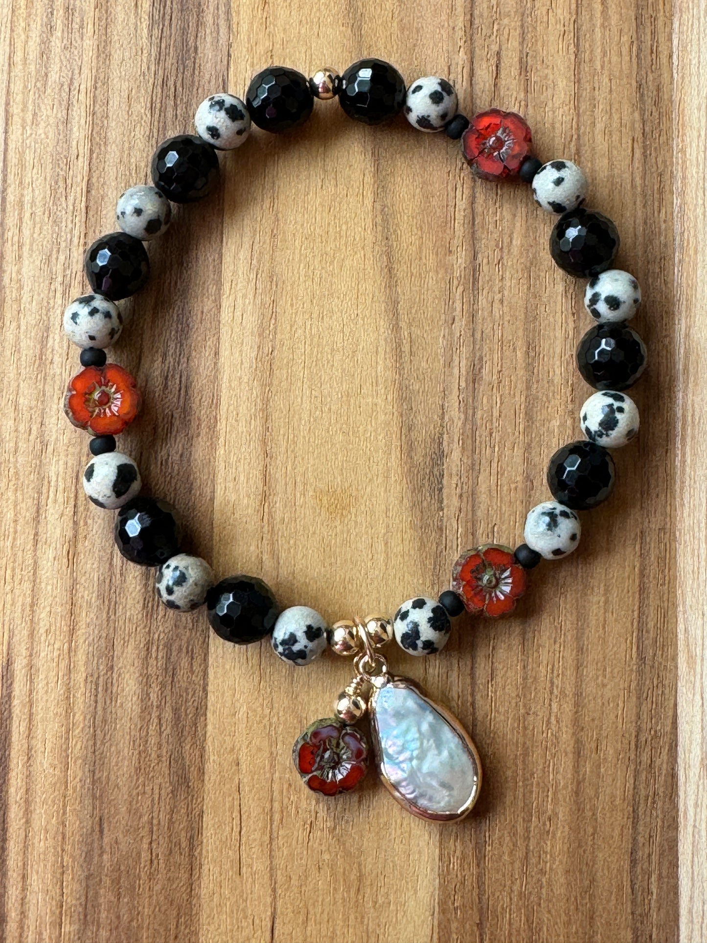 Dalmatian Jasper and Black Onyx Stretch Beaded Bracelet with Baroque Pearl and Red Flower Dangles