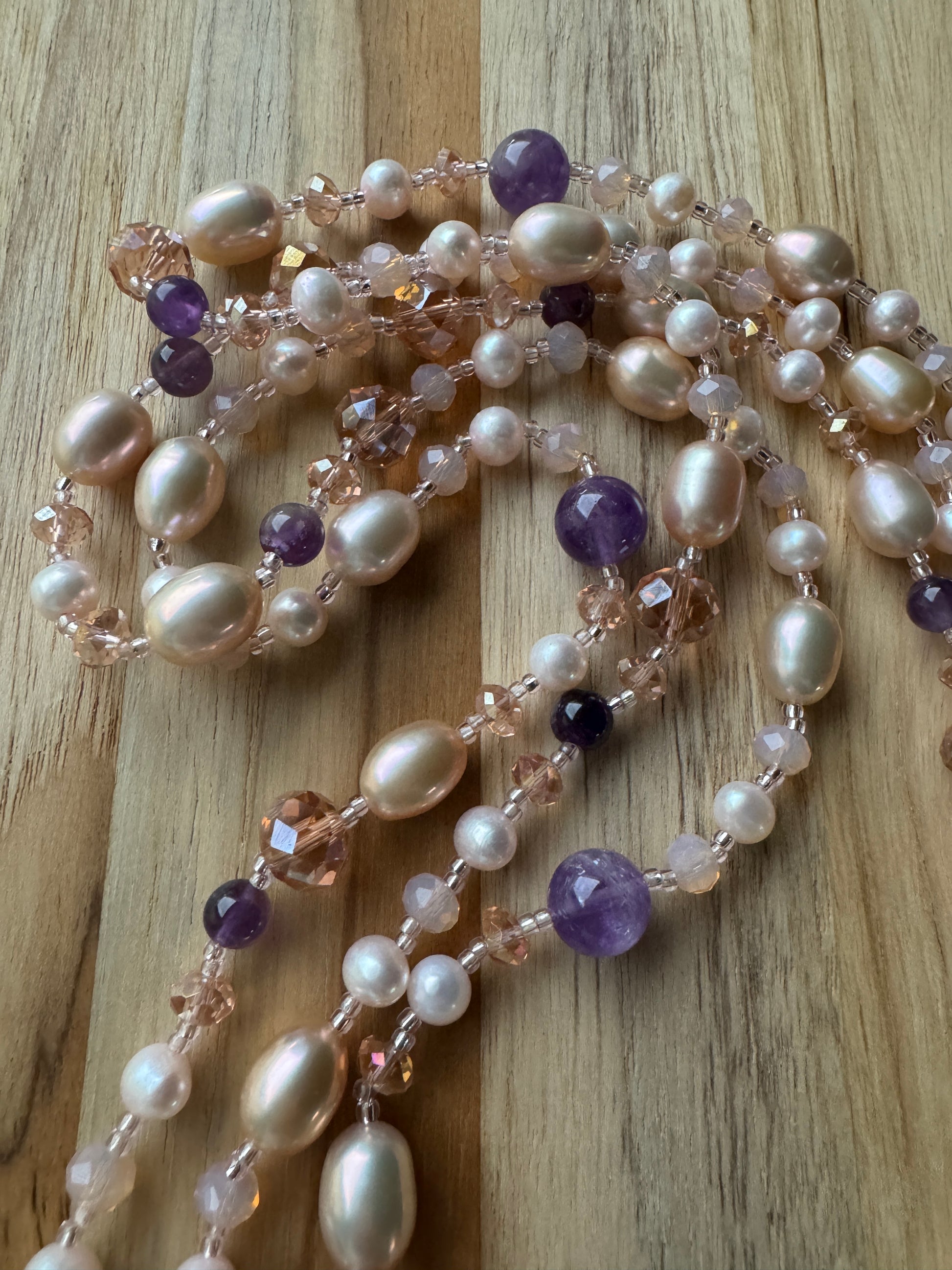 60" Extra Long Ballet Slipper Pink Freshwater Pearl Beaded Necklace with Amethyst and Crystal Beads - My Urban Gems