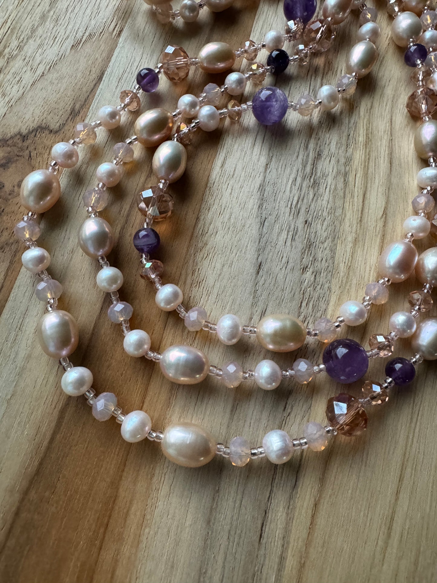 60" Extra Long Ballet Slipper Pink Freshwater Pearl Beaded Necklace with Amethyst and Crystal Beads - My Urban Gems