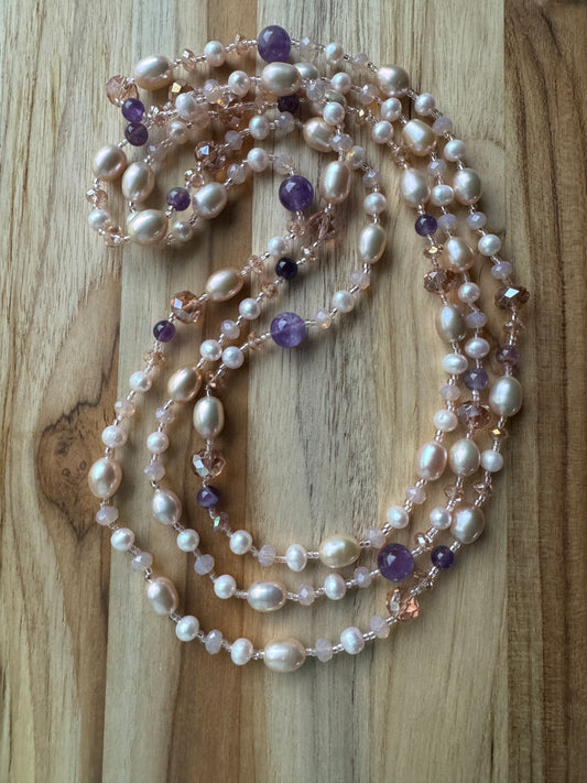 Extra Long Ballet Slipper Pink Freshwater Pearl Beaded Necklace with Amethyst and Crystal Beads