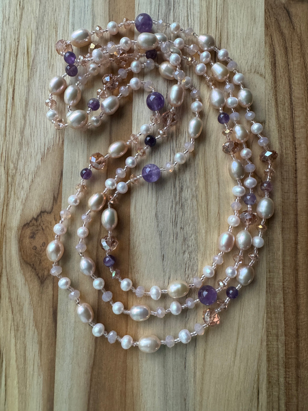 60" Extra Long Ballet Slipper Pink Freshwater Pearl Beaded Necklace with Amethyst and Crystal Beads - My Urban Gems