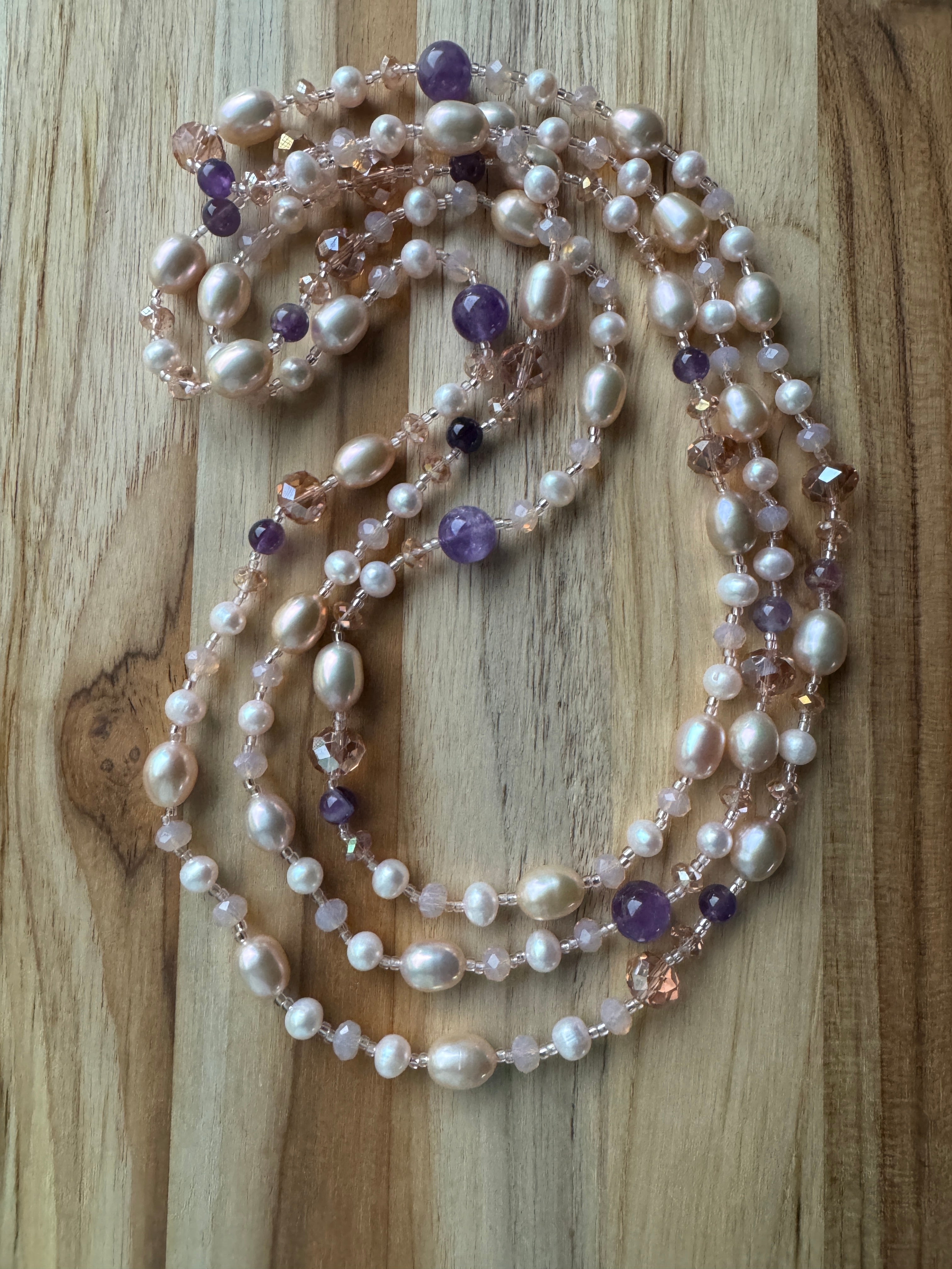 60" Extra Long Ballet Slipper Pink Freshwater Pearl Beaded Necklace with Amethyst and Crystal Beads - My Urban Gems