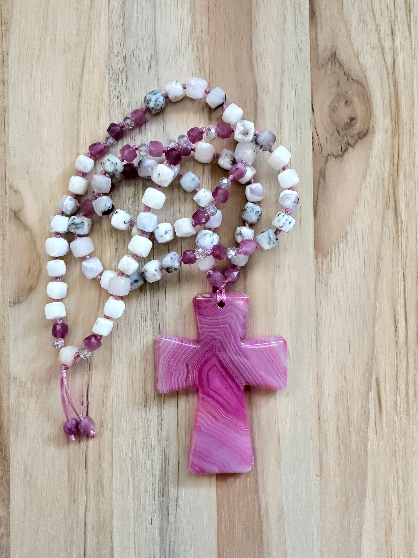 26” Long Wraparound Pink Agate Cross Beaded Necklace with Peristerite Moonstone and Pink Tourmaline Beads