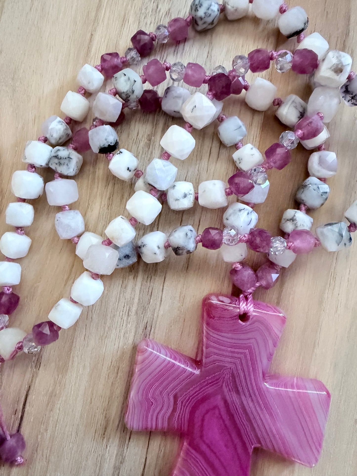 26” Long Wraparound Pink Agate Cross Beaded Necklace with Peristerite Moonstone and Pink Tourmaline Beads