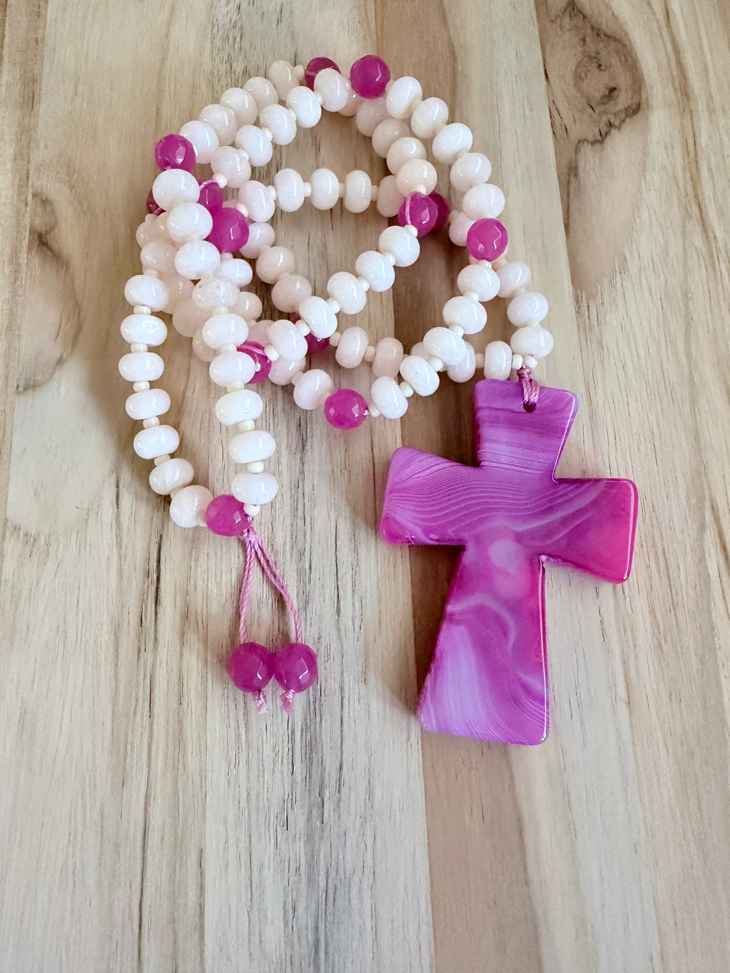 26 inch Pink Agate Cross Beaded Necklace with Ivory Jade and Agate Beads