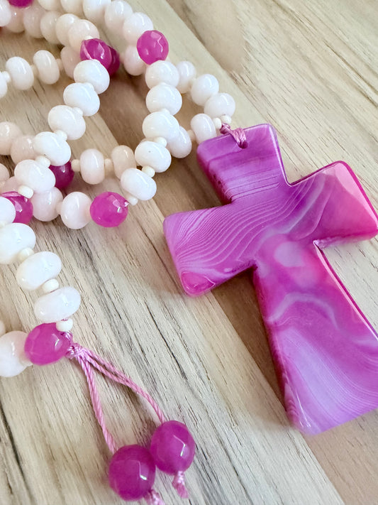26 inch Pink Agate Cross Beaded Necklace with Ivory Jade and Agate Beads
