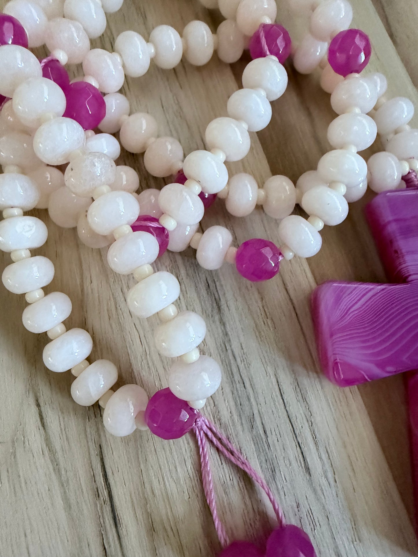 26 inch Pink Agate Cross Beaded Necklace with Ivory Jade and Agate Beads