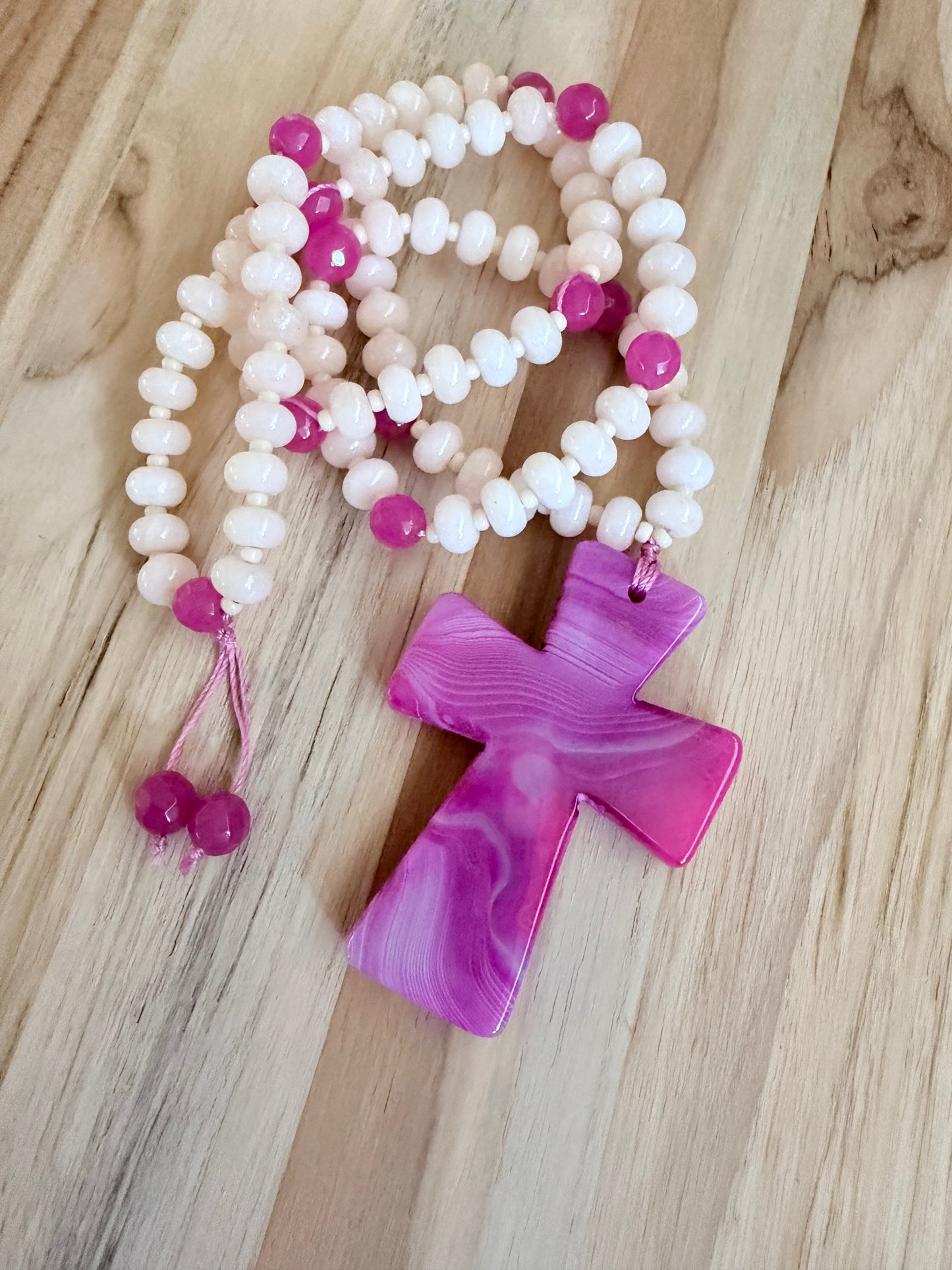 26 inch Pink Agate Cross Beaded Necklace with Ivory Jade and Agate Beads