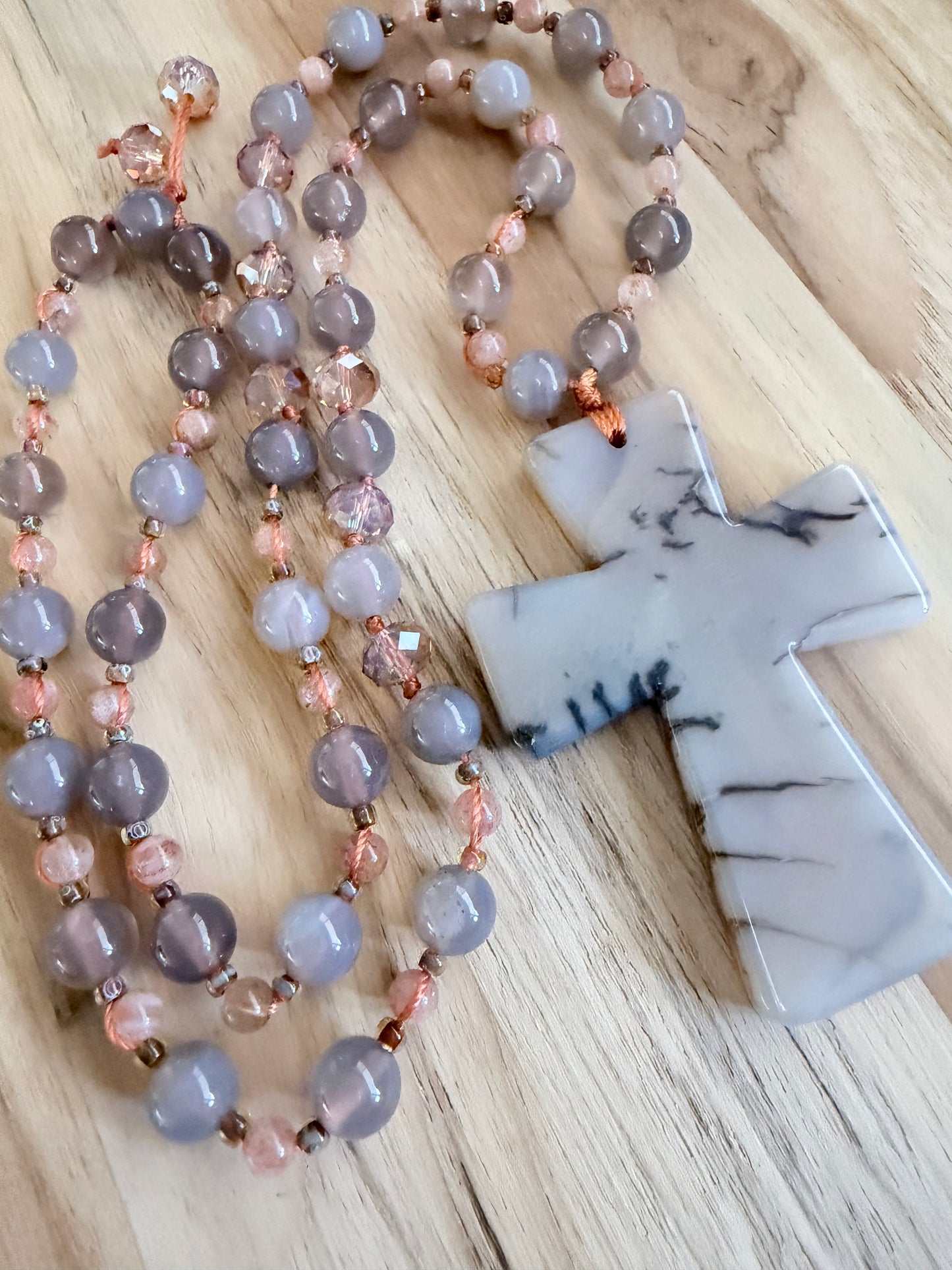 26” Long Carved Agate Cross Necklace with Grey Agate and Peach Strawberry Quartz Beads