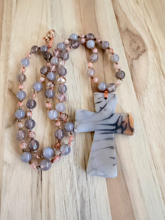 26” Long Carved Agate Cross Necklace with Grey Agate and Peach Strawberry Quartz Beads