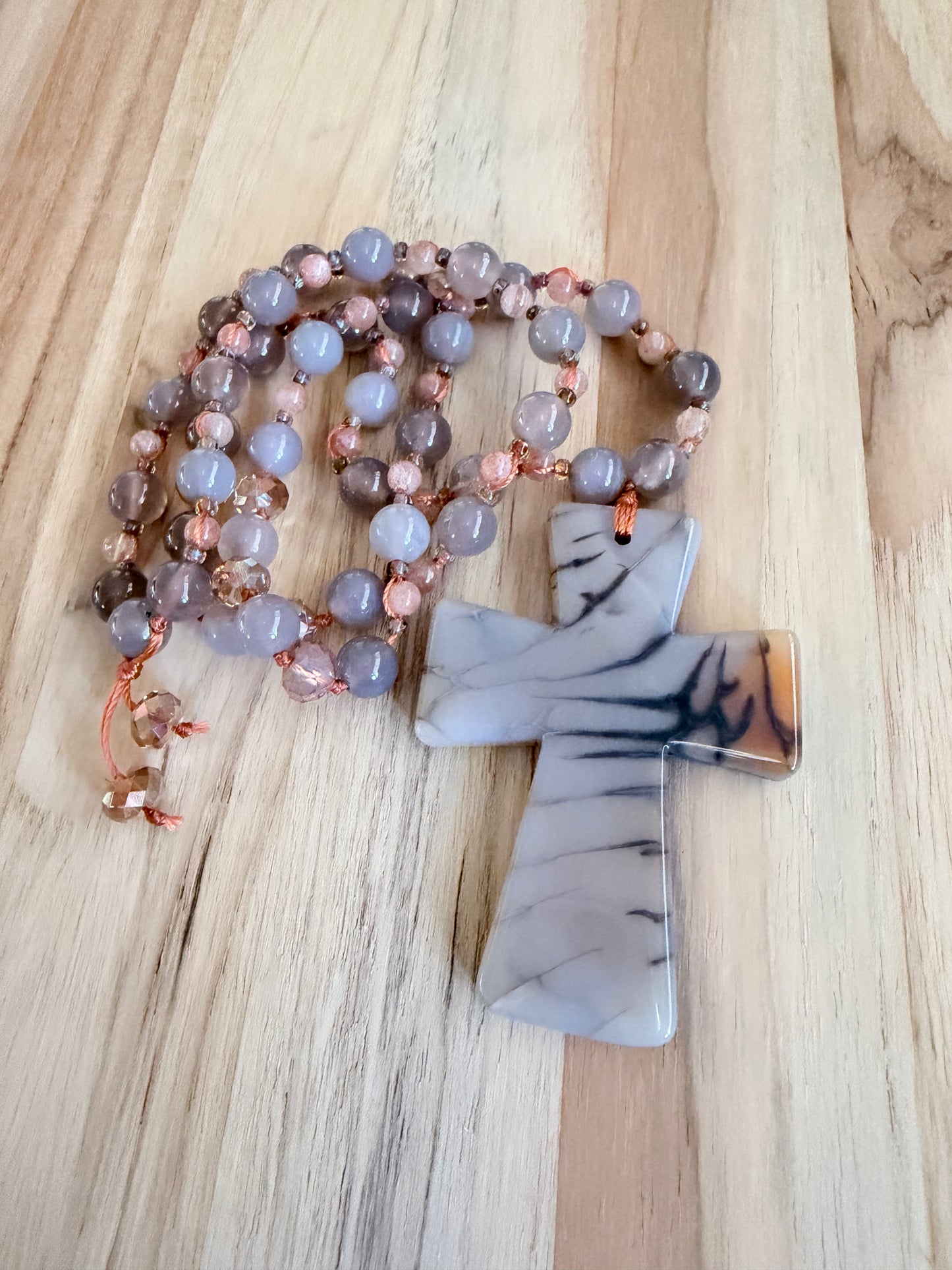 26” Long Carved Agate Cross Necklace with Grey Agate and Peach Strawberry Quartz Beads