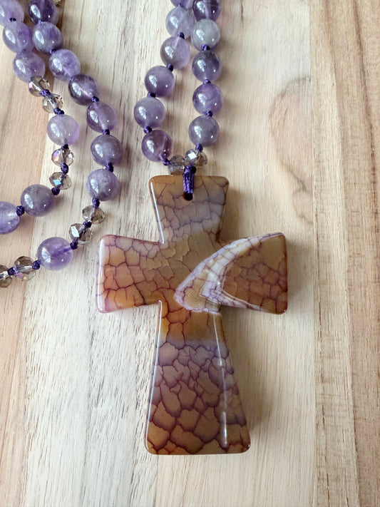 26 Inch Agate Cross Beaded Necklace with Purple Amethyst Beads