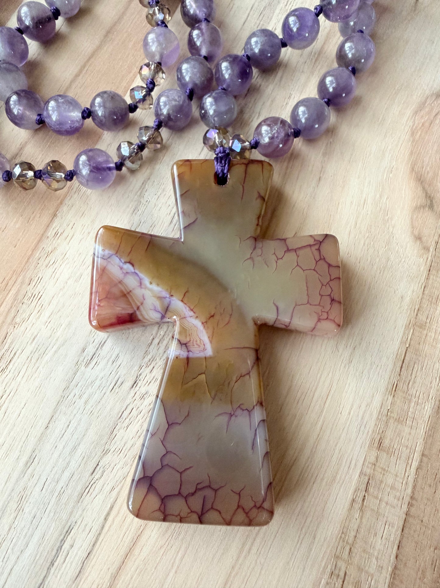 26 Inch Agate Cross Beaded Necklace with Purple Amethyst Beads
