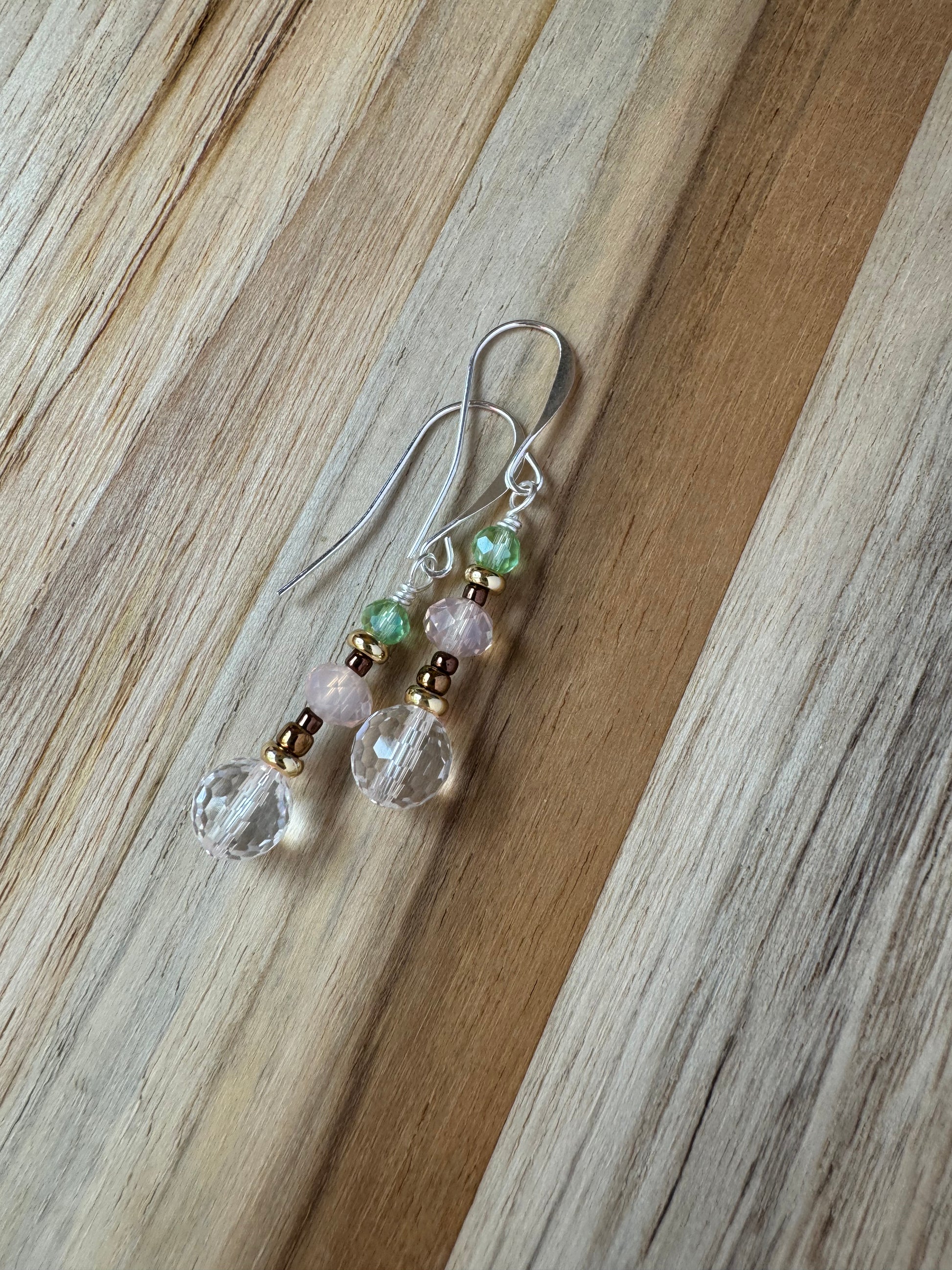Faceted Clear Crystal Quartz Silver Plated Dangle Earrings with Pink and Green Crystal Glass Beads - My Urban Gems