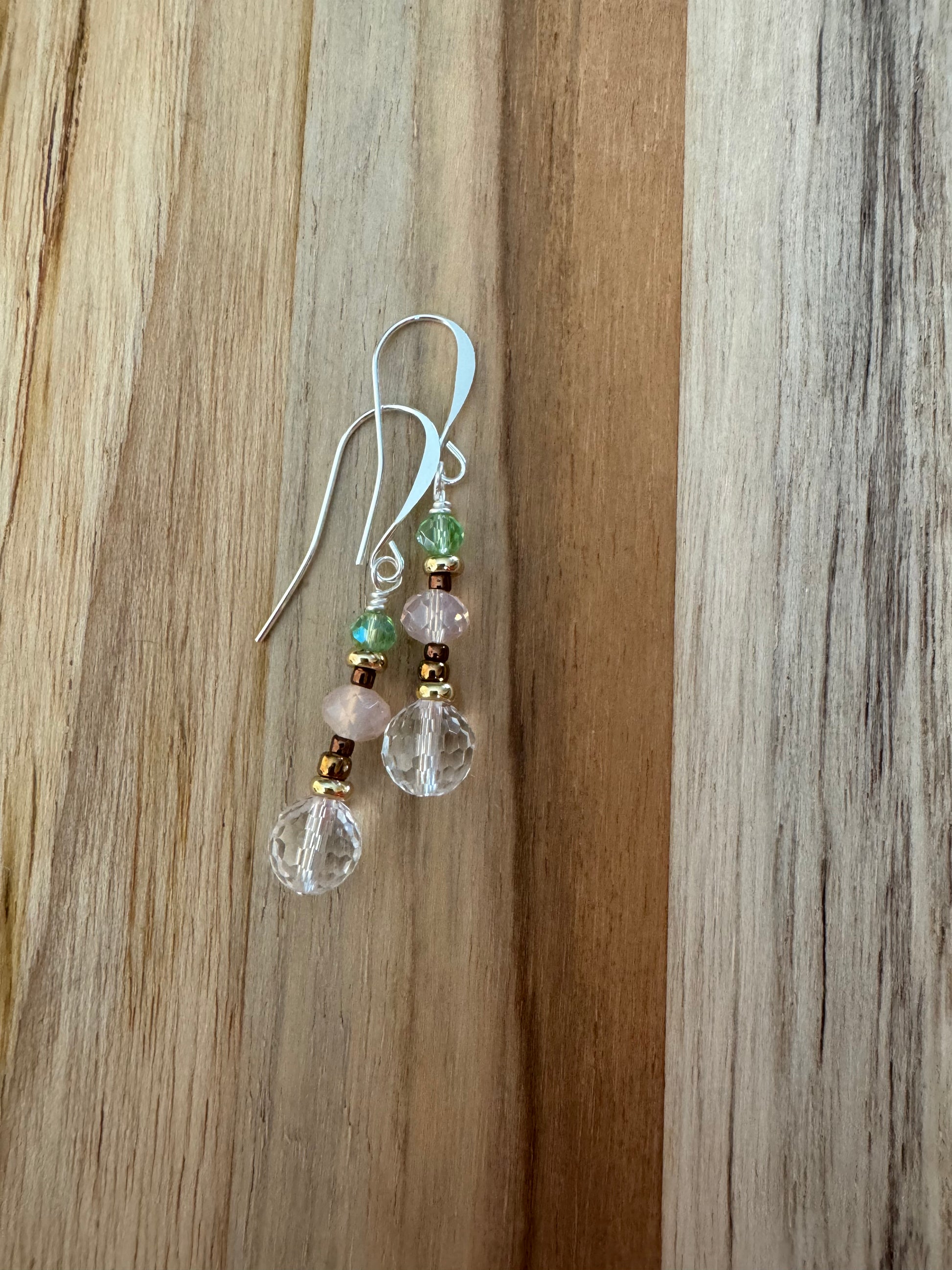 Faceted Clear Crystal Quartz Silver Plated Dangle Earrings with Crystal Glass Beads