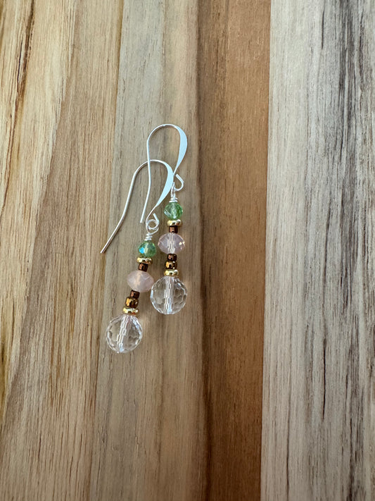 Faceted Clear Crystal Quartz Dangle Earrings with Crystal Glass Beads