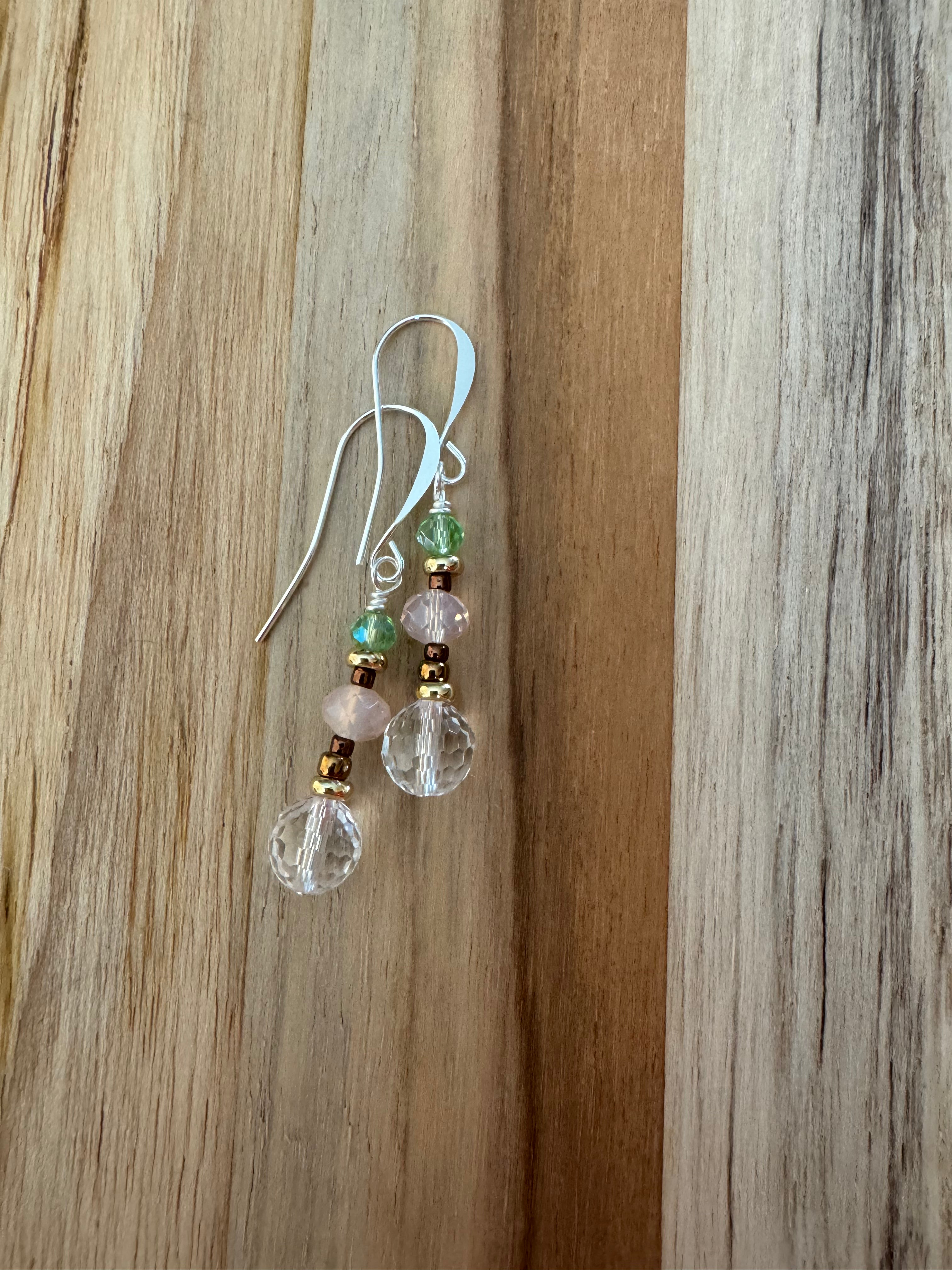Faceted Clear Crystal Quartz Silver Plated Dangle Earrings with Crystal Glass Beads