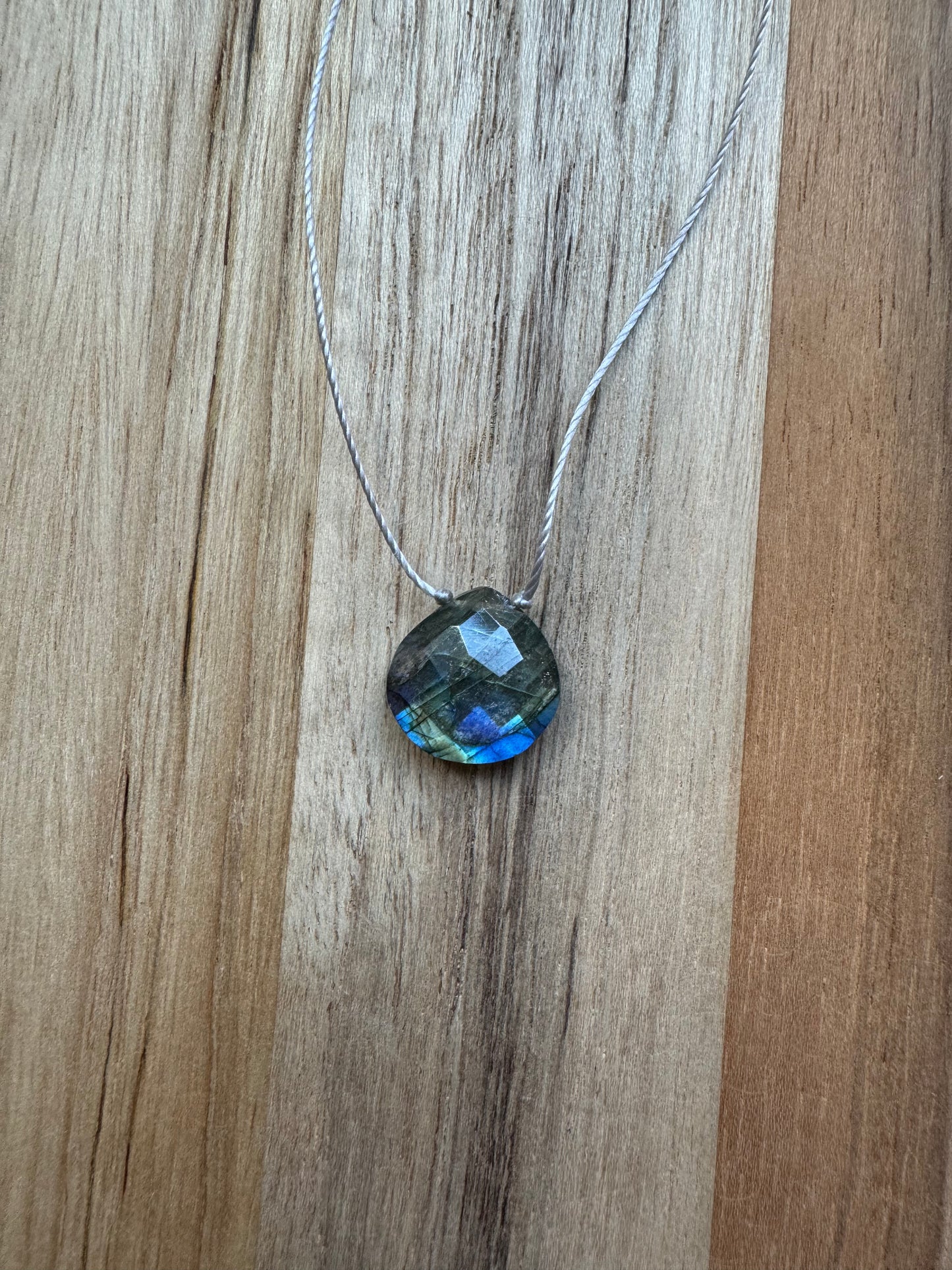 Blue Green Flash Faceted Labradorite Floating Pendant Minimalist Necklace ~ Stainless Steel Clasp