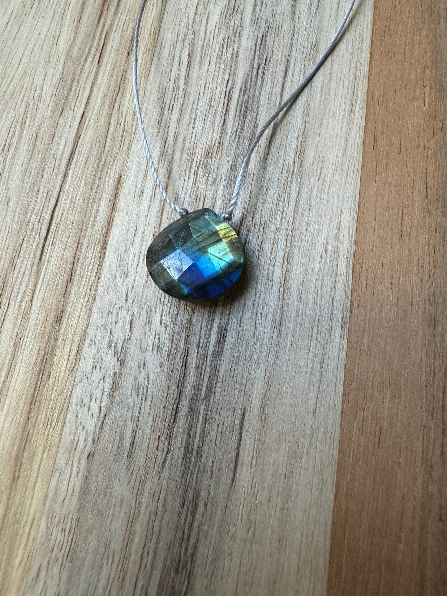 Blue Green Flash Faceted Labradorite Floating Pendant Minimalist Necklace ~ Stainless Steel Clasp