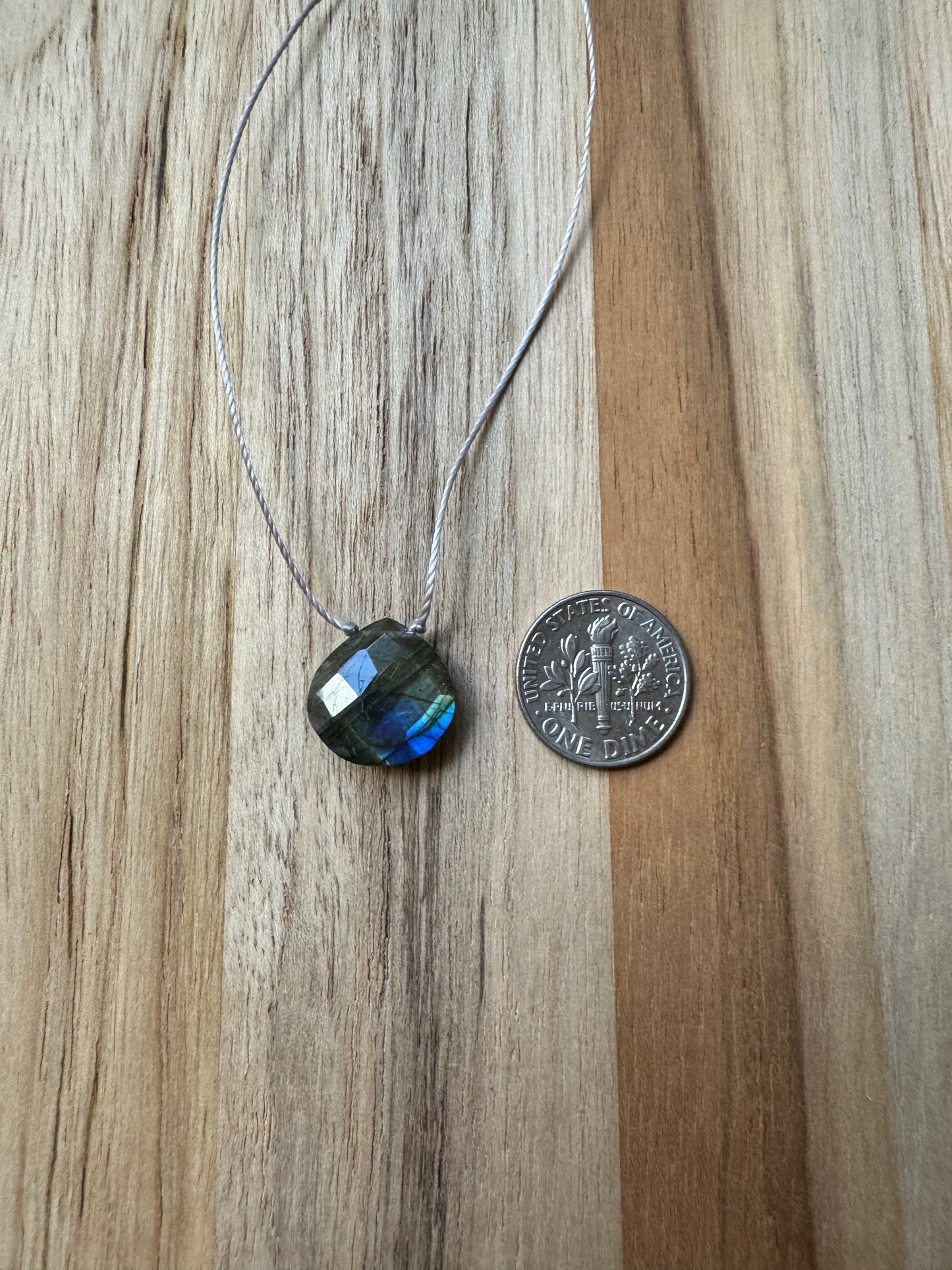 Blue Green Flash Faceted Labradorite Floating Pendant Minimalist Necklace ~ Stainless Steel Clasp