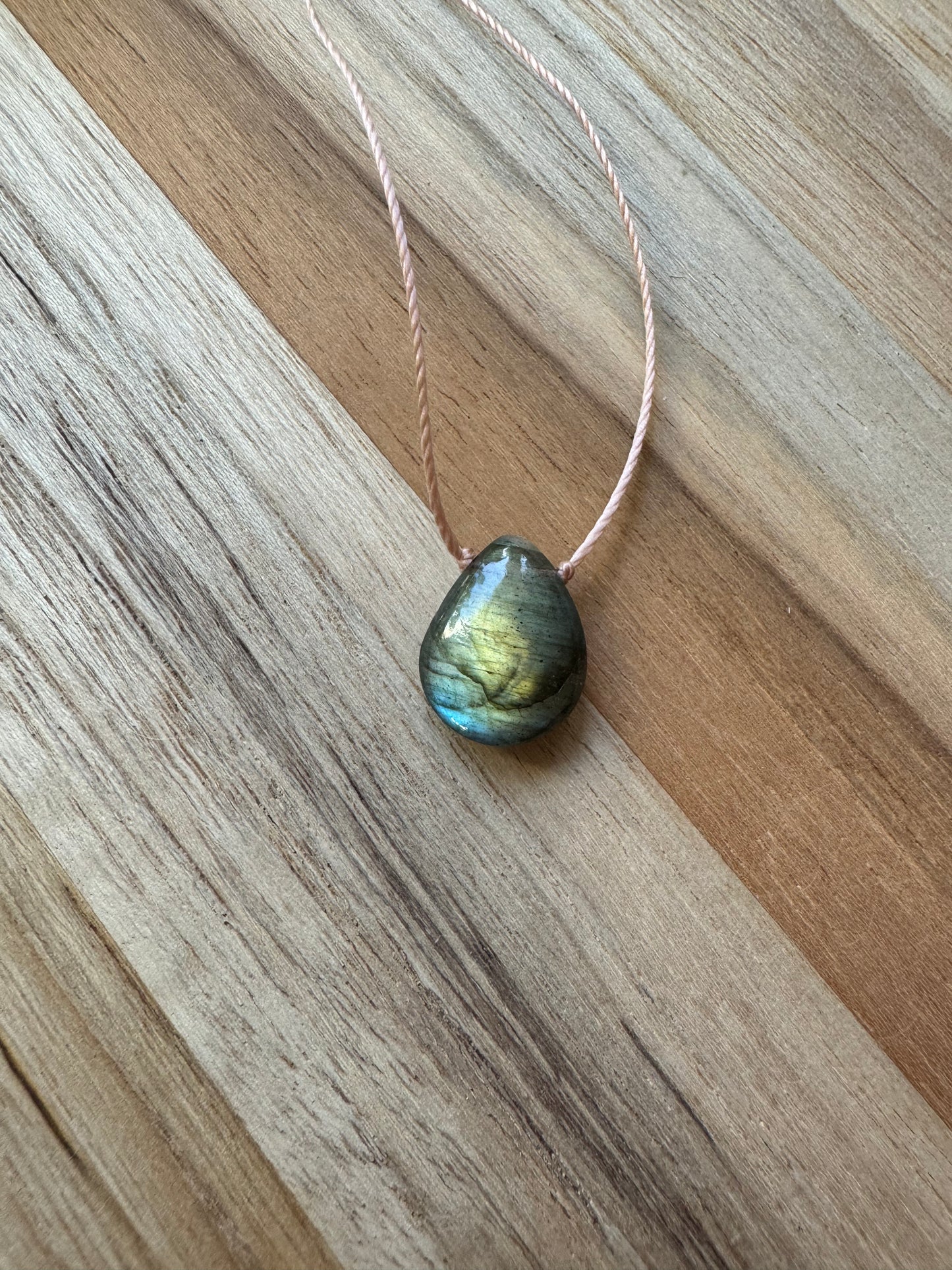 Blue Green Flash Smooth Labradorite Floating Pendant Minimalist Necklace ~ Stainless Steel Clasp