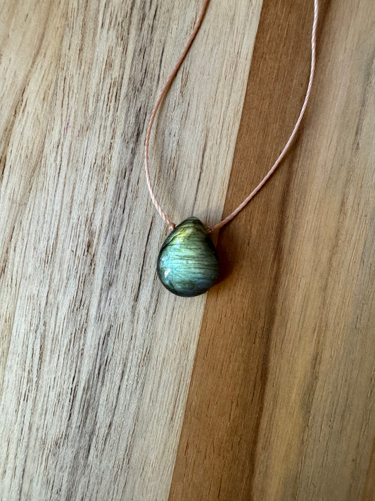 Blue Green Flash Smooth Labradorite Floating Pendant Minimalist Necklace ~ Stainless Steel Clasp