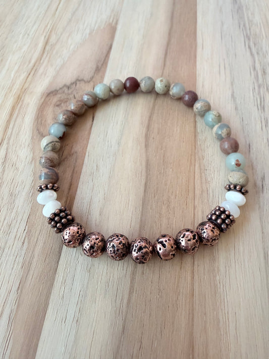 Shoushan Stone Stretch Bracelet with Lace Stone and MOP Beads