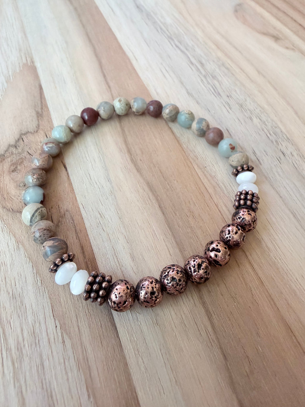 Shoushan Stone Stretch Bracelet with Lace Stone and MOP Beads