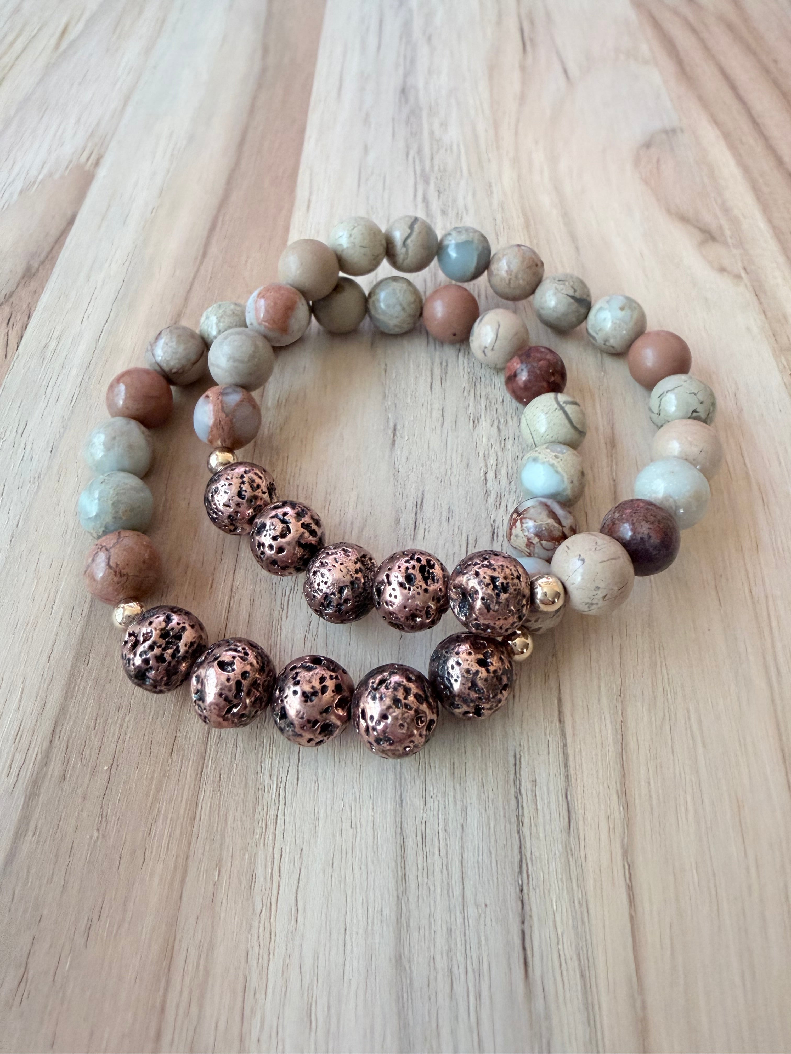 Shoushan Stone Stretch Bracelet with Copper Coated Lava Stone ~ 6.5” in size